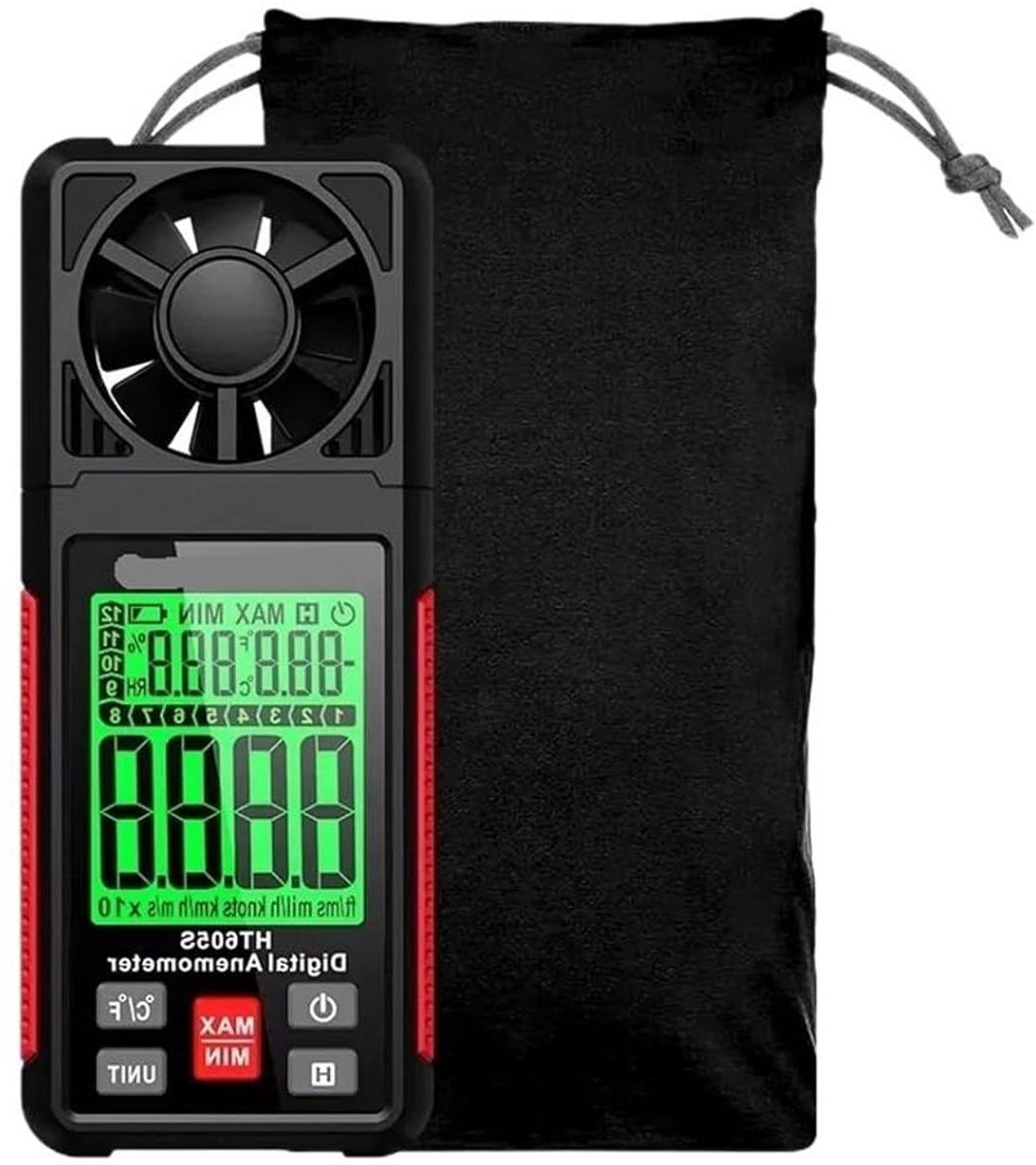Digitale Anemometer - Windmeter Luchtsnelheid - Weer Meten - Temperatuur Vochtigheid - 400 g - Zwart