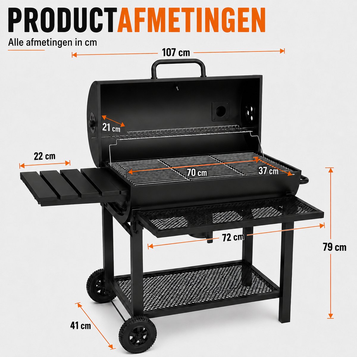 Houtskool BBQ - Smoker Barbecue XL - BBQ met Wielen - 70x37cm Grilloppervlak - Zijpanelen - Zwart – foto 5