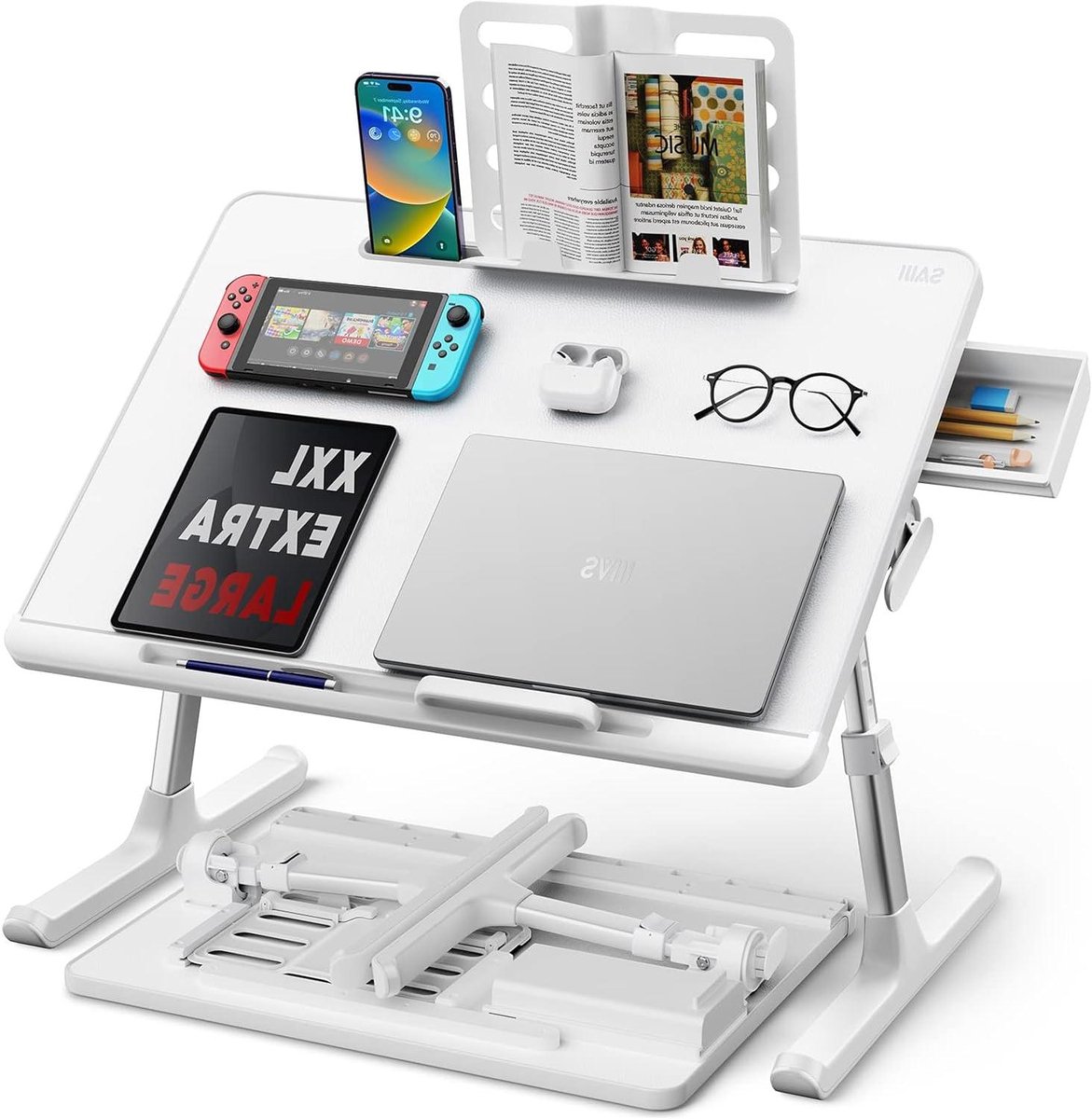 Laptop Bedtafel - Bed Bureau Laptop - Werken en Lezen - Verstelbare Hoogte en Hoek - XL Formaat - Wit