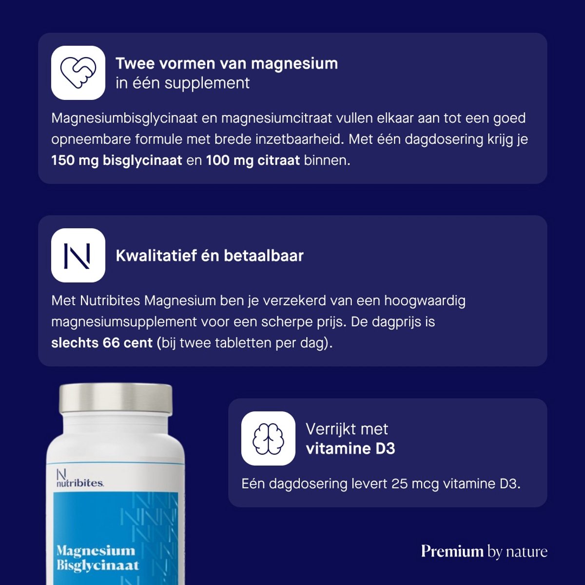 Nutribites Magnesium Bisglycinaat - Ondersteunt de weerstand - Goed voor spieren en botten - Met vitamine D3 - 60 Vegetarische tabletten — afbeelding 3