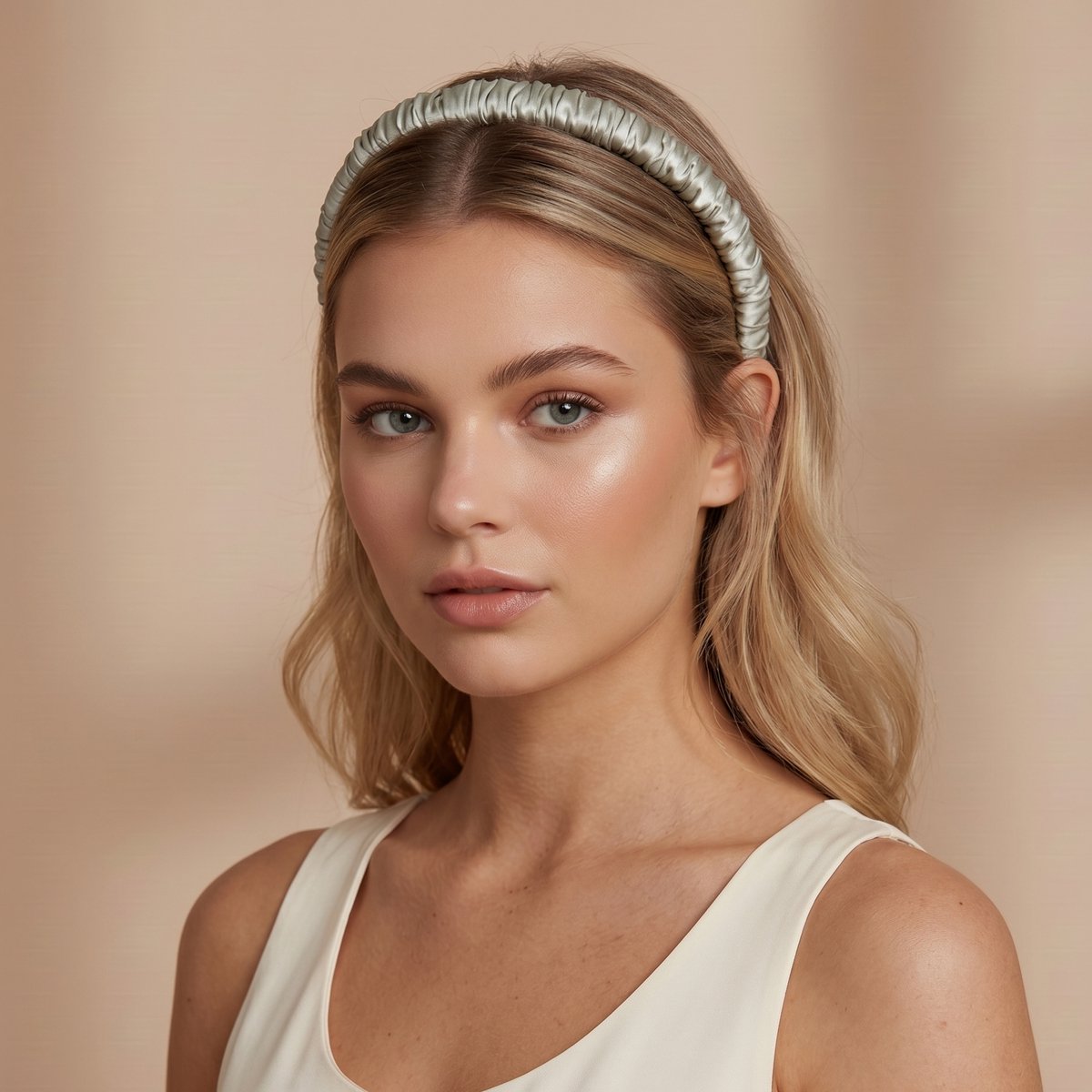 YOSMO Luxe Zijden Diadeem - Champagne - Beige - Slank en Plat Model - Moerbei Zijde Haarband