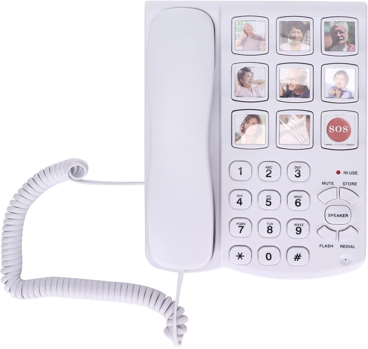 OmGoods - Dailygoody - Fotogeheugen Telefoon - Bedrade Bureautelefoon - Wit - Geschikt voor Senioren - Grote Knoppen voor Gemak - Ondersteunt Handsfree