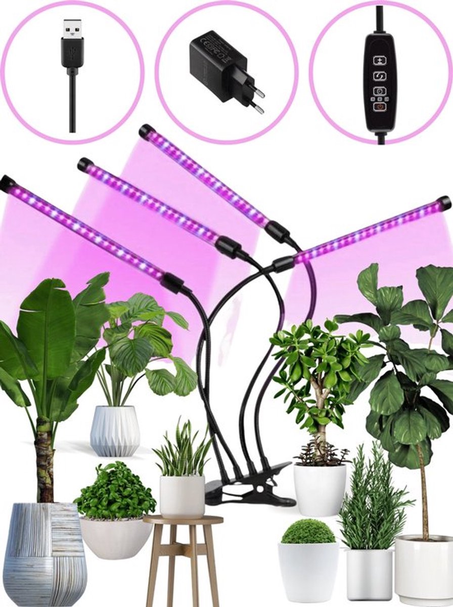 Plantenlampen, 4-kops full-spectrum LED-groeilampen, voorzien van 80 LED-parels, met automatische aan/uit-timer van 3/9/2 uur, geschikt voor zaailingen en vetplanten.