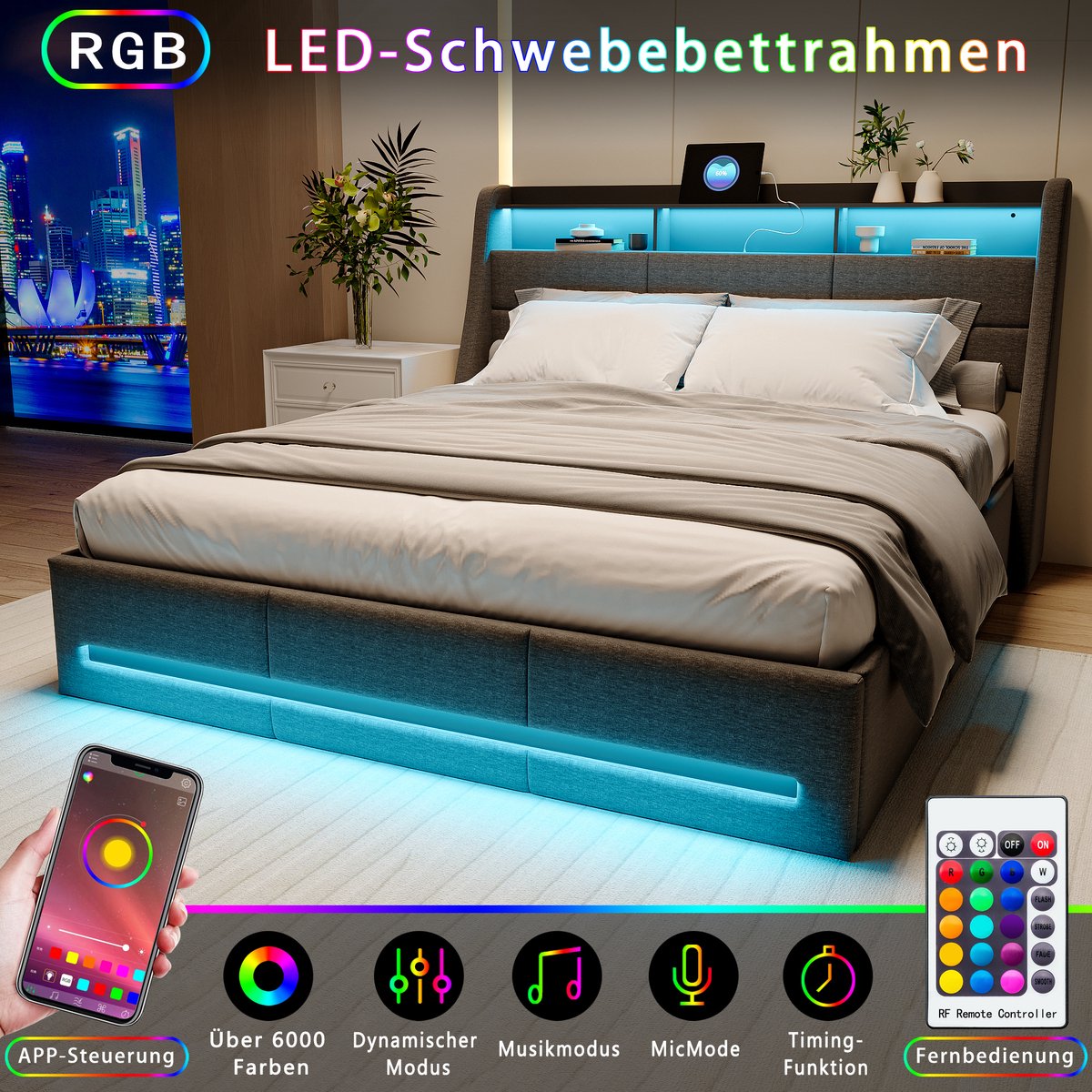 Gestoffeerd Opbergbed 160x200 met LED en USB-C – Boxspringbed Tweepersoonsbed met Lattenbodem en Hydraulische Opbergruimte – Linnen Grijs – Zonder Matras