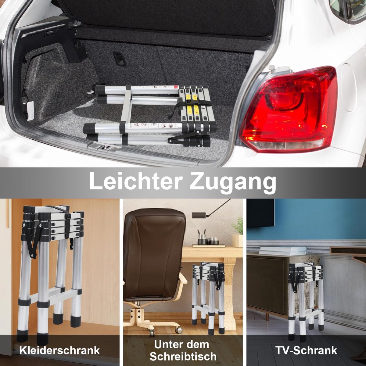 Eulenke Telescopische Ladder 1,4m+1,7m Aluminium Trapladder 4+5 Treden Draagbare Antislip Vouwladder, 150 kg Draagvermogen Staande Ladder, Aluminium Ladder voor Binnen, Buiten, Multifunctionele Ladder – foto 2