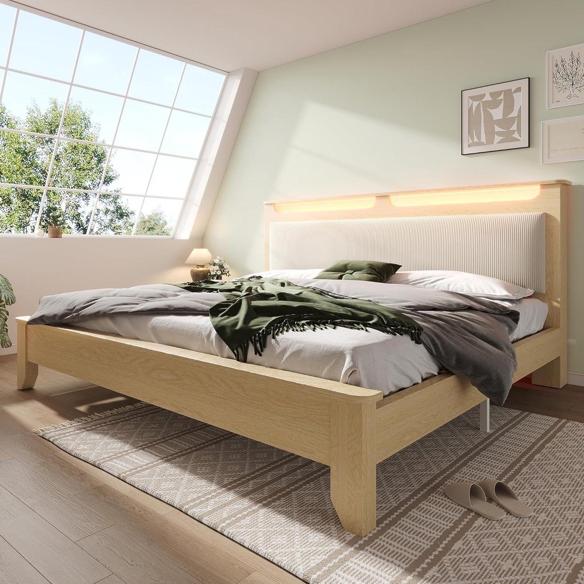 Tweepersoonsbed Houten Frame - Bed met Verlichting - Slaapkamer Inrichten - Corduroy Hoofd
