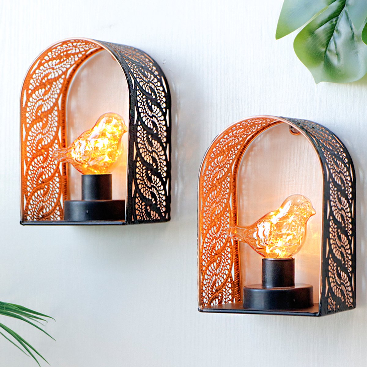 JHY DESIGN Set van 2 Vogellampen op Batterijen – Draadloze Tafellampen - Wandlampen met Metalen Kooi – 6-uurs Timer - Woonkamer Slaapkamer Keuken Hal en Trap