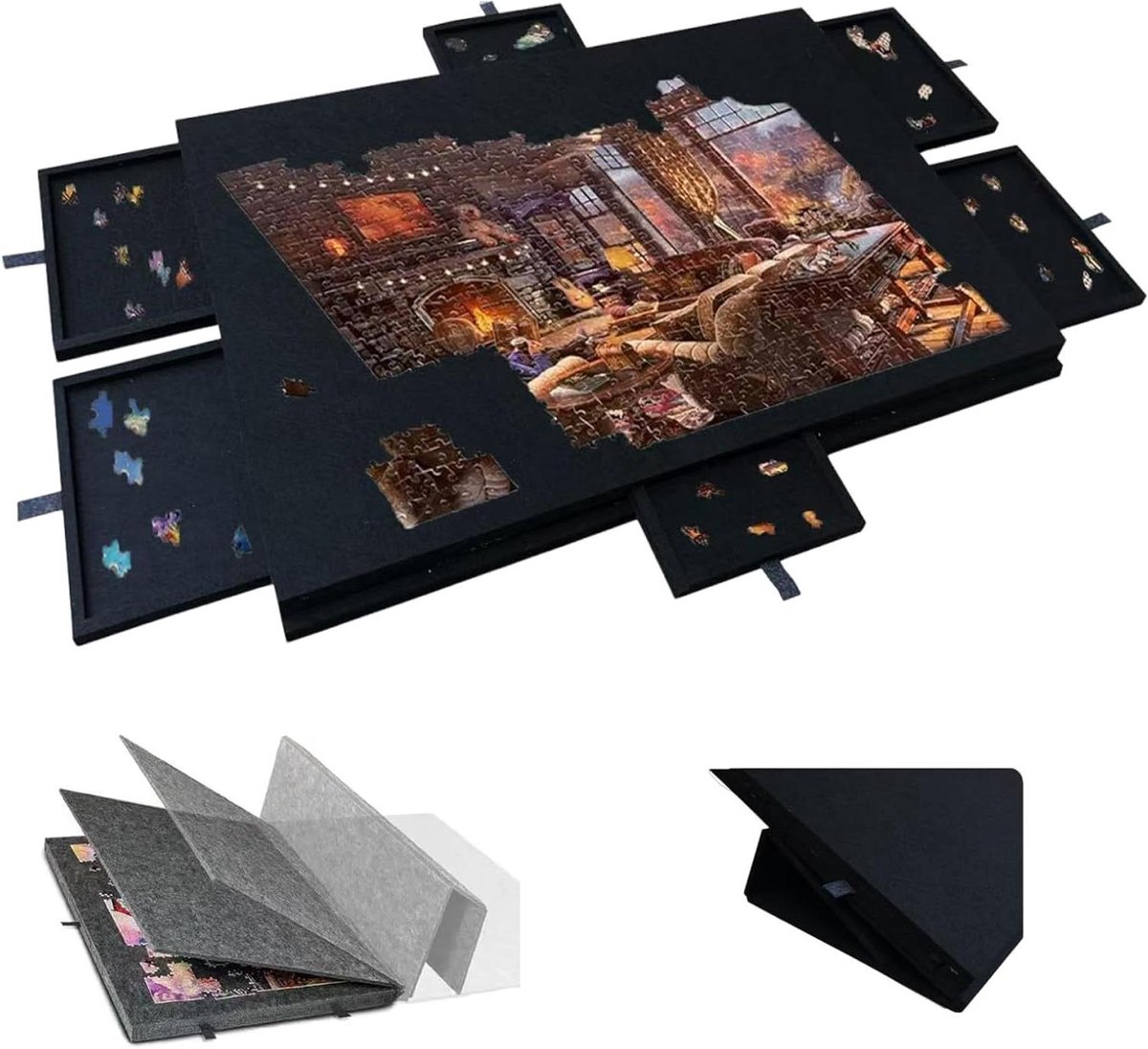 Kantelbare opvouwbare puzzeltafel met standaard en deksel, draagbaar puzzelbord, lichtgewicht vilt, 6 laden, voor volwassenen tot 1000-1500 stukjes Black 77 * 53.6 * 4.2cm
