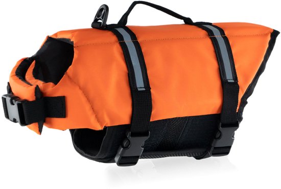 Oranje reddingsvest voor honden met zwarte banden en gespen. Reflecterende strepen op de bovenkant.
