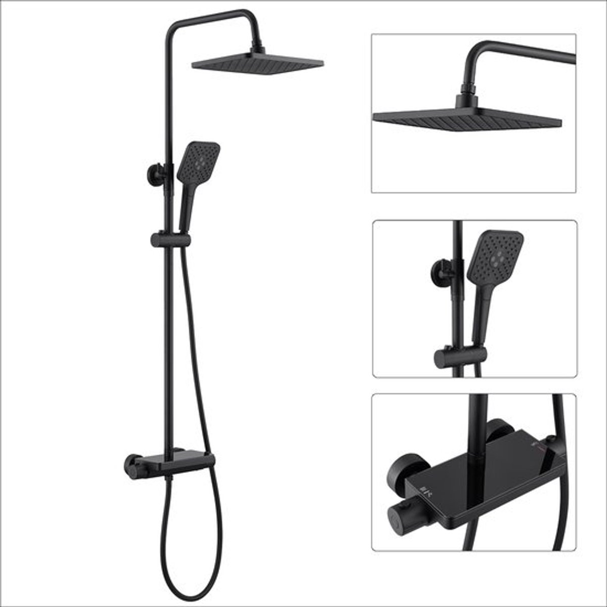 Auralum Max Regendoucheset Vierkant - Waterbesparend - Verstelbaar Douchesysteem met Thermostaat - met 10 inch Hoofddouche 3 Standen & PVC Slang - Mat Zwart