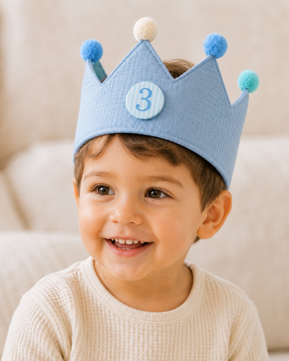 Verjaardag - Verjaardagskroon - Baby - Hoedje - Kroon - 100% Katoen - 1 tot 10 - buttons -Blauw