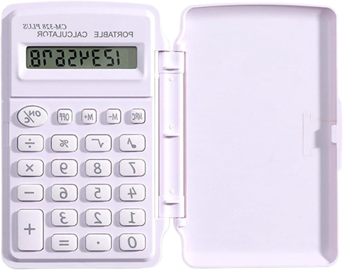 Mini Rekenmachine - Zakrekenapparaat Digitaal - Dagelijkse Berekeningen - Met Deksel - 8 Cijfers - Wit