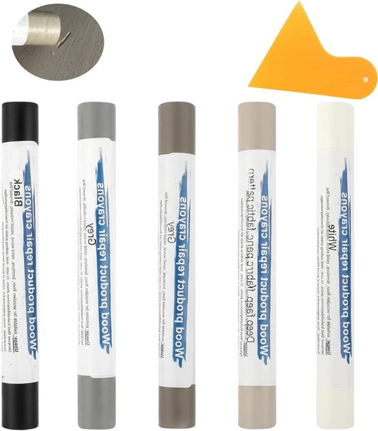 Een set van vijf houtreparatiestiften in zwart, grijs, bruin, beige en wit, met een gele spatel.
