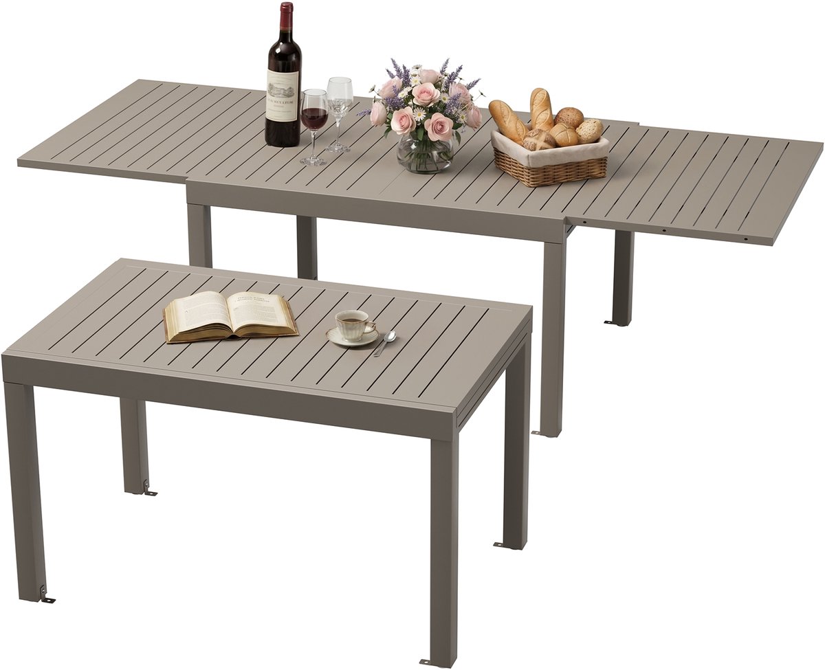 Devoko Tuintafel van aluminium - uitschuifbare - verstelbare tafelpoten - 130/260 x 80 cm - 6-10 personen - 200KG - antiroest, waterdicht, krasbestendig, lichtgewicht en gemakkelijk mee te nemen - uittrektafel voor tuin-terras -Bruin