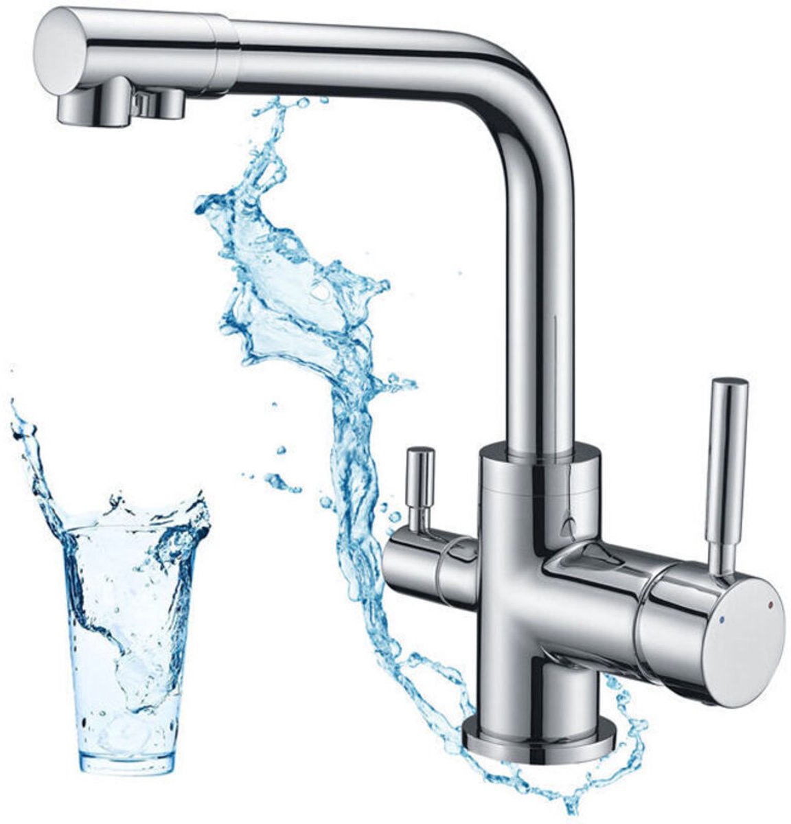 Drieweg keukenkraan, 360° draaibare keukenmengkraan, drinkwaterkeukenkraan, keukenmengkraangeschikt voor gefilterde wateruitlaat.
