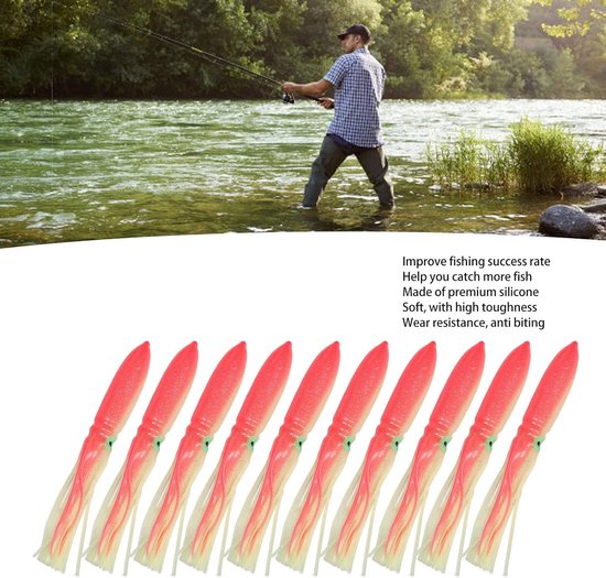 10pcs Squid Lures, Squid Skirt Fishing Lures, 30cm Silicone Lifelike Squid Swimbait, Soft Plastic Bass Fishing Lures, Luminous Squid Skirt Fishing Bait with Hook(Pink) — afbeelding 2