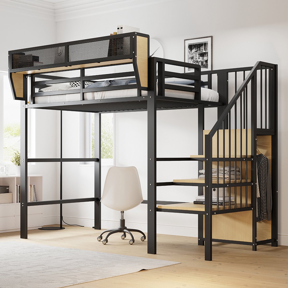 YEHTOKHOME Metalen hoogslaper 90 x 200 cm, met Open kast, Veiligheidsladder, afneembaar opbergrek, verhoogd bed volwassenen/kinderen, Zwart, Zonder matras