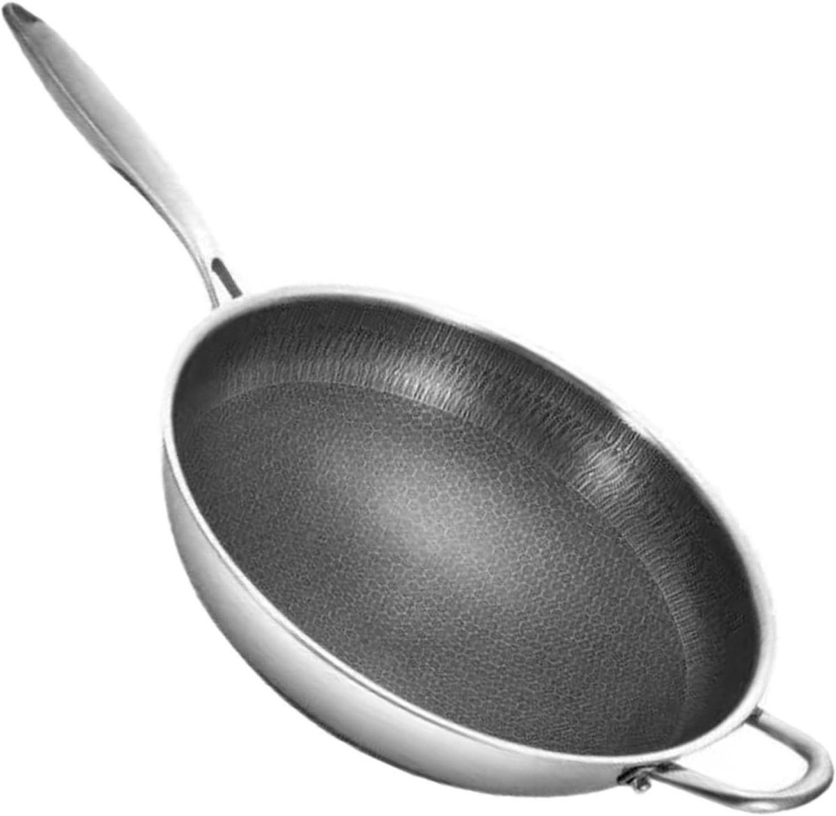 Honingraat Wok - Roestvrij Staal Pan - Thuis Koken - Dubbele Handgrepen - 34 cm - Zilver