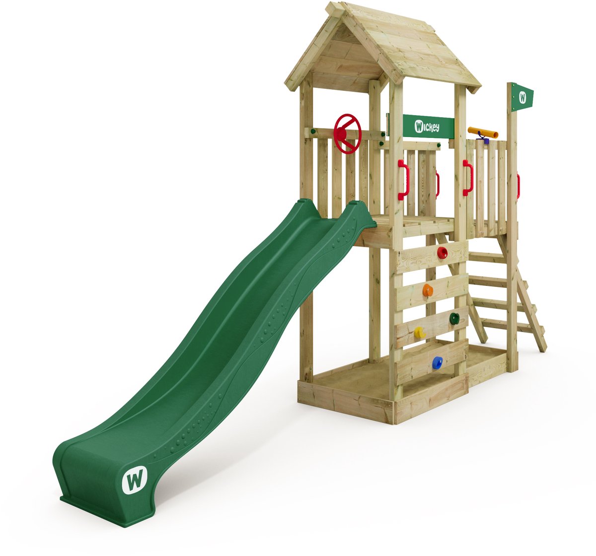 Wickey JoyFlyer Speeltoestel - Glijbaan met Houten Dak en Klimwand - Zandbak & Stuur - 429x84x263 cm - Groen