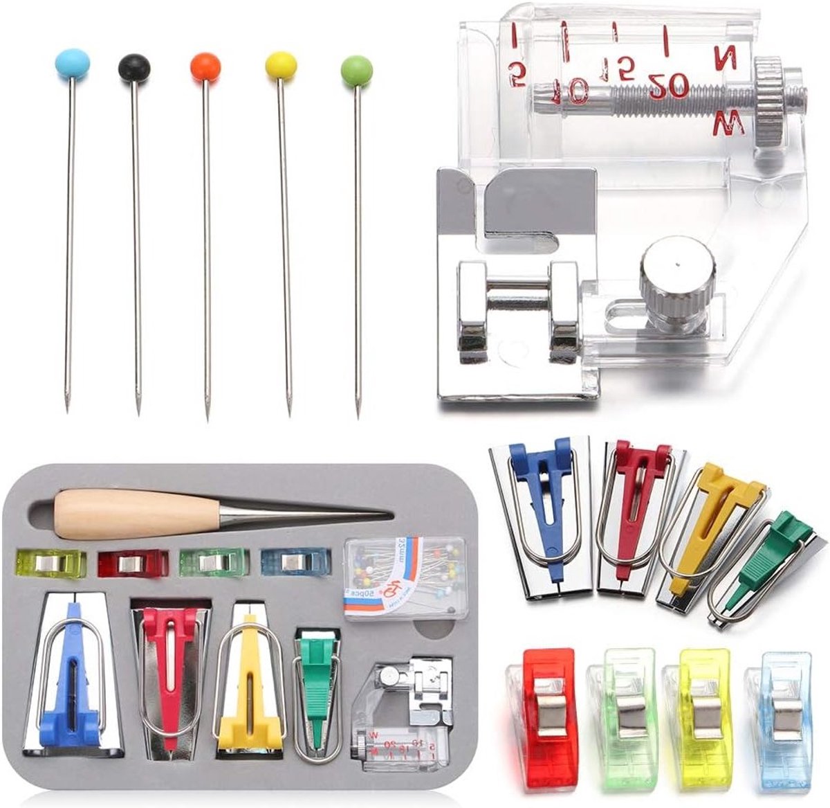 Complete Bias Tape Maker Set met 4 Maten: 6mm, 12mm, 18mm, 25mm - Inclusief Naaldclips, Spelden en Bindvoet voor Creatieve Naaiprojecten