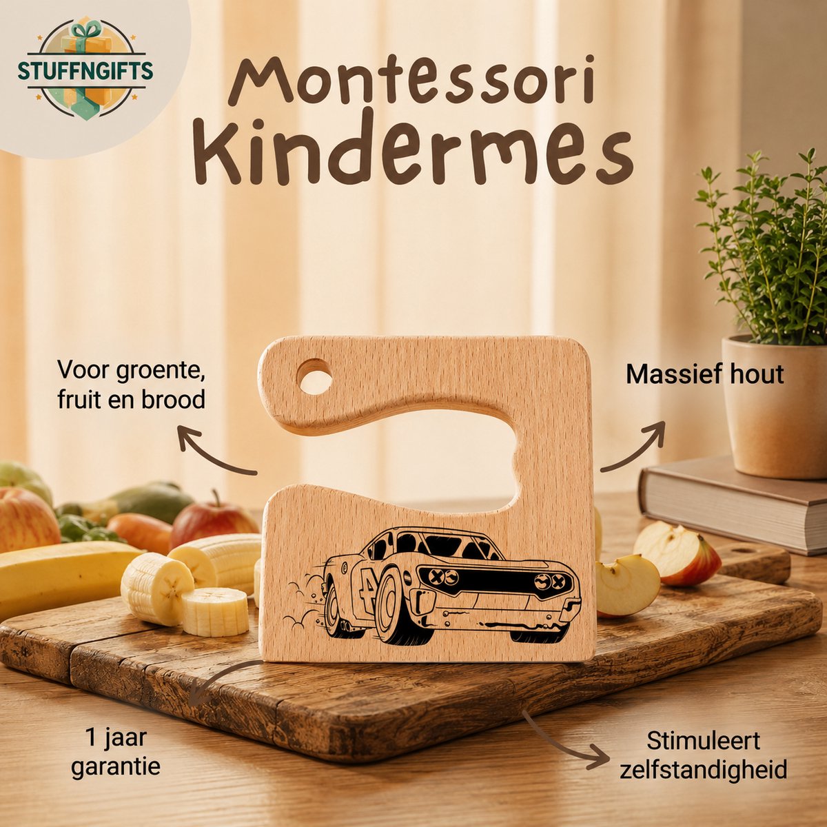 Montessori Houten Kindermes - Racewagen - Kinder Koksmes - Peuter kok - Verjaarsdag cadeau klein - Houten Kinderbestek - Leren Snijden en Koken voor Kinderen - Montessori Speelgoed