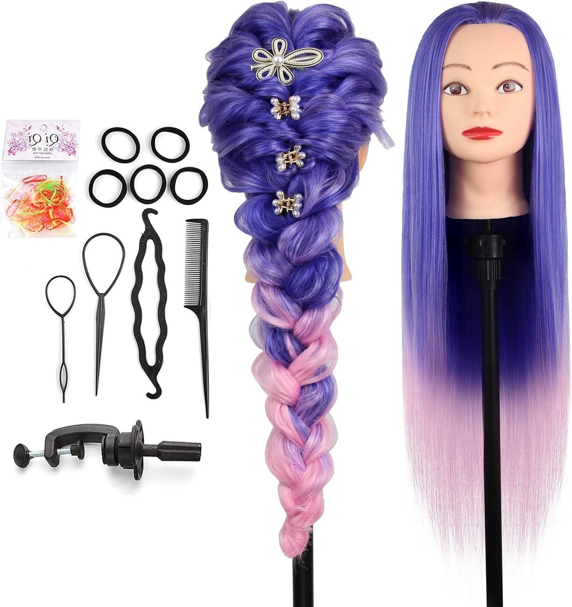 Professionele Trainingskop voor Kappers met 100% Synthetisch Haar, 26-28 Inch, Inclusief Stylingaccessoires en Ondersteuning