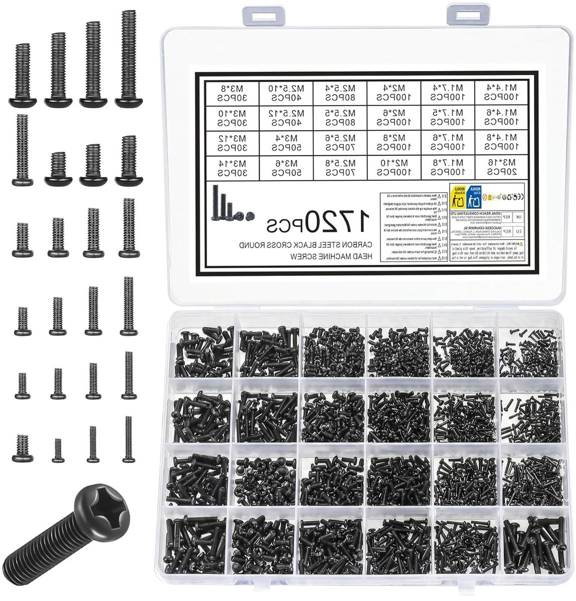 1720 Stuks Laptop Schroeven, Kleine PC Schroeven, Micro Ronde Hoofdschroeven voor Reparatie van Laptops, Notebooks, Elektronica en Horloges, M1.4, M1.7, M2, M2.5, M3