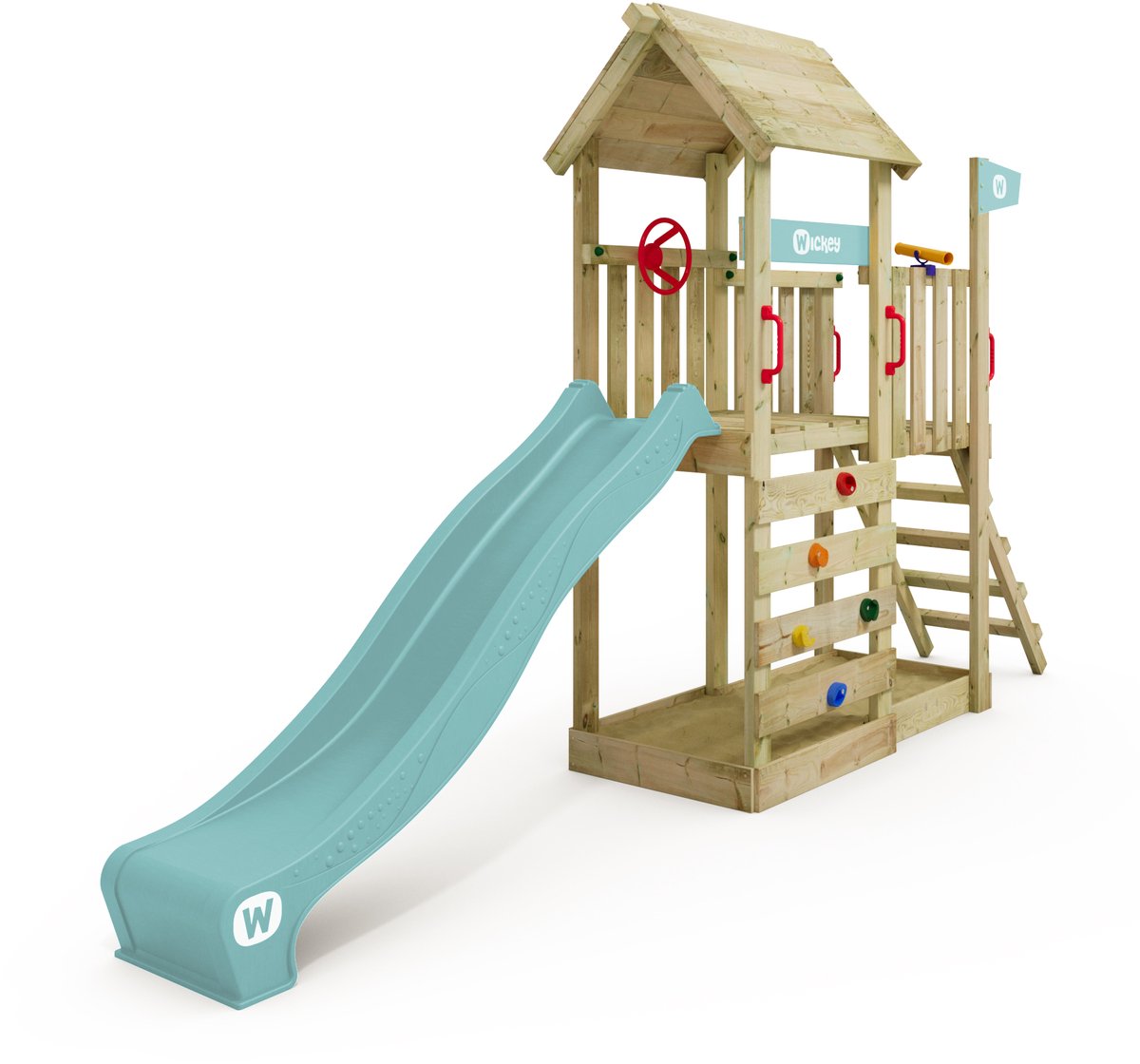 Wickey JoyFlyer Speeltoestel - Glijbaan met Houten Dak en Klimwand - Zandbak & Stuur - 429x84x263 cm - Pastelblauw