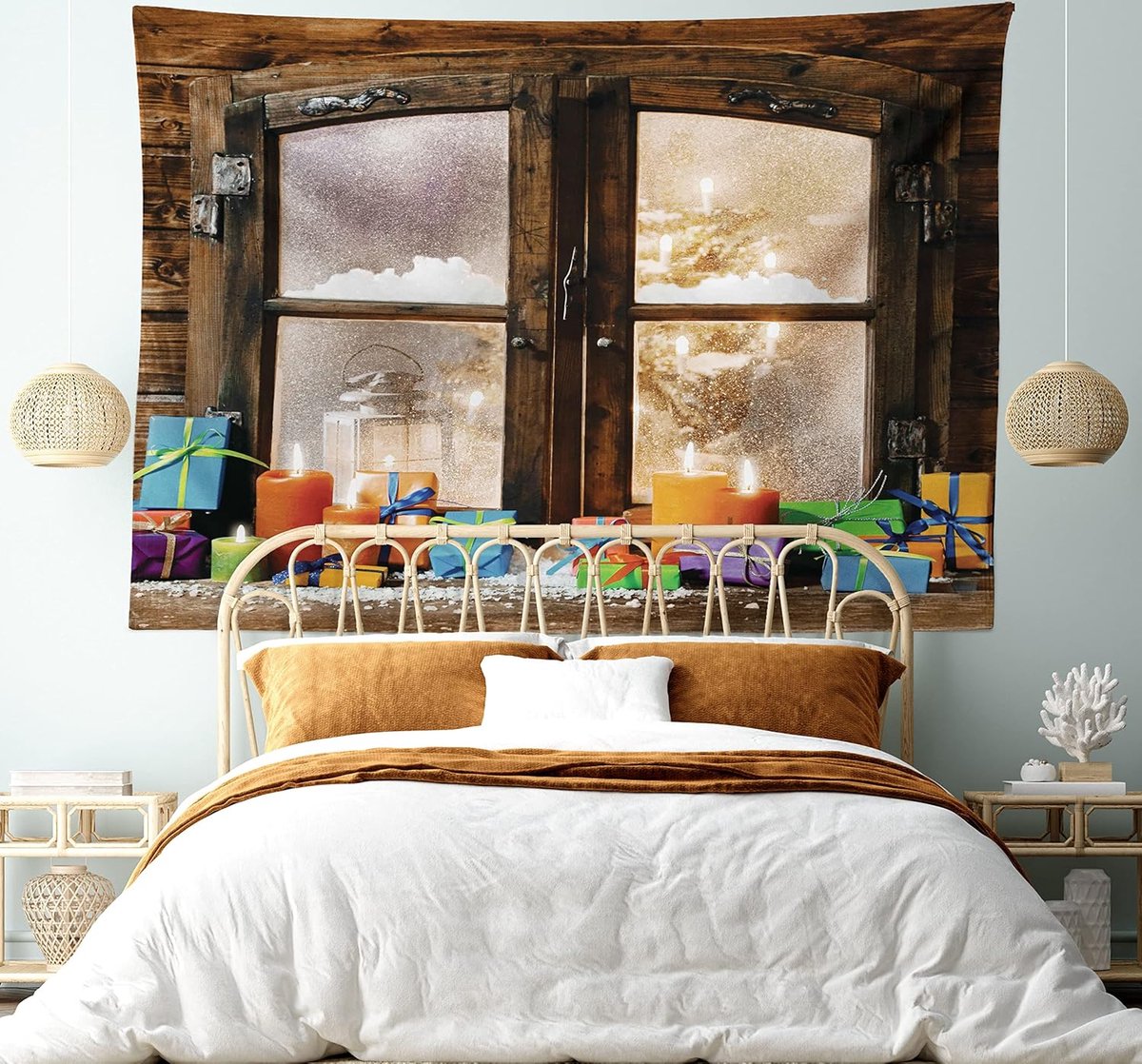 ABAKUHAUS Kersttapijt, Sneeuwweer rustieke stijl, Woonkamer Slaapkamer Wanddoek Zijden Satijn Wandtapijt, 200 x 150 cm, Bruin en Oranje