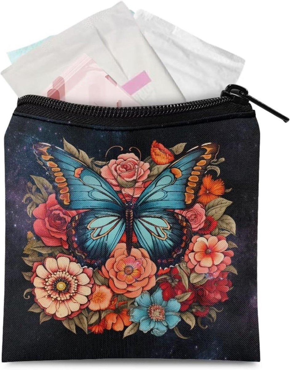 Maandverband Opbergtas - Menstruatie Pouch - Persoonlijke Hygiëne - Draagbaar met Rits - 13 x 14 cm - Vlinder Bloem