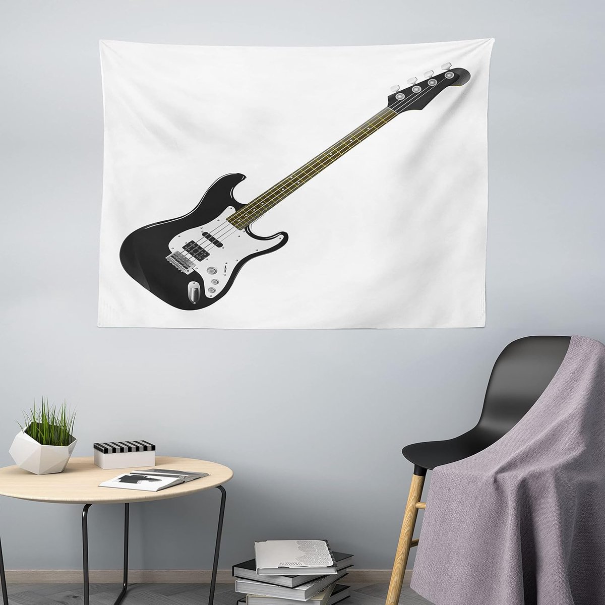 ABAKUHAUS Gitaartapijt, 4-snarige basmuziek, Woonkamer Slaapkamer Wanddoek Zijdezacht Satijn Tapijt, 200 x 150 cm, Zwart-Witte Karamel Zwarte Witte Karamel