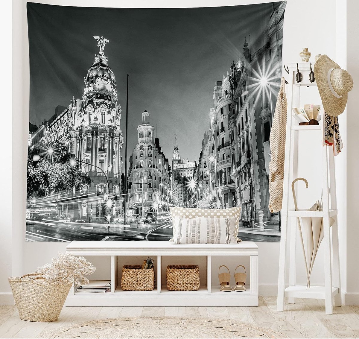 ABAKUHAUS Zwart-Wit Wandtapijt, Madrid 's Nachts, Woonkamer Slaapkamer Wanddoek Zijdezacht Satijn Wandtapijt, 200 x 150 cm, Zwart Wit Grijs