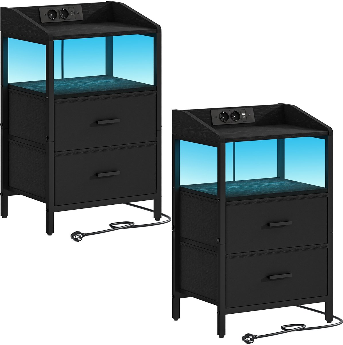 Happiq Nachtkastjes Set van 2 – Voor Slaapkamer – Bijzettafel met LED-Verlichting, Oplaadstation, 2 Stoffen Lades en Planken – Zwart Black