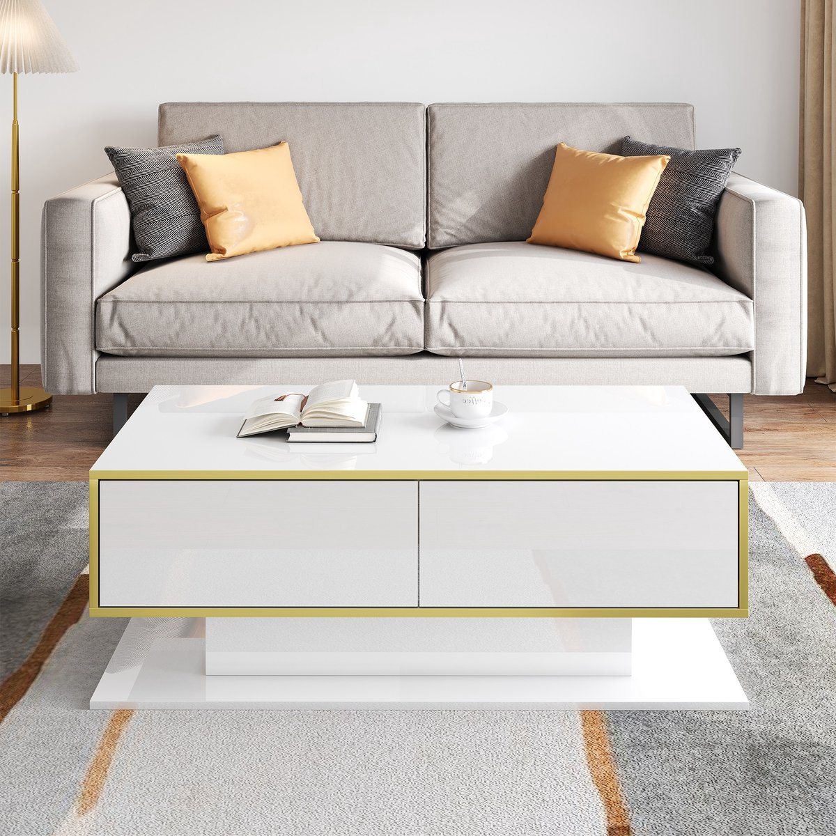 VVBV Salontafel met Hoogglans, Lift-Top - 3 Lades, LED-Verlichting - Goud