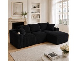 L-Bank, 3-Zits Bank, Hoekbank Modulaire Bankstel met Chaise Longue en 2-zitsbank, Zachte Corduroy Hoes, met 5 Kussens, Zijvakken en Bekerhouders, Schuim met Hoge Dichtheid, Doe-het-zelf-combinatie, Ideaal voor Woonkamer, Appartement en Studio- Zwart