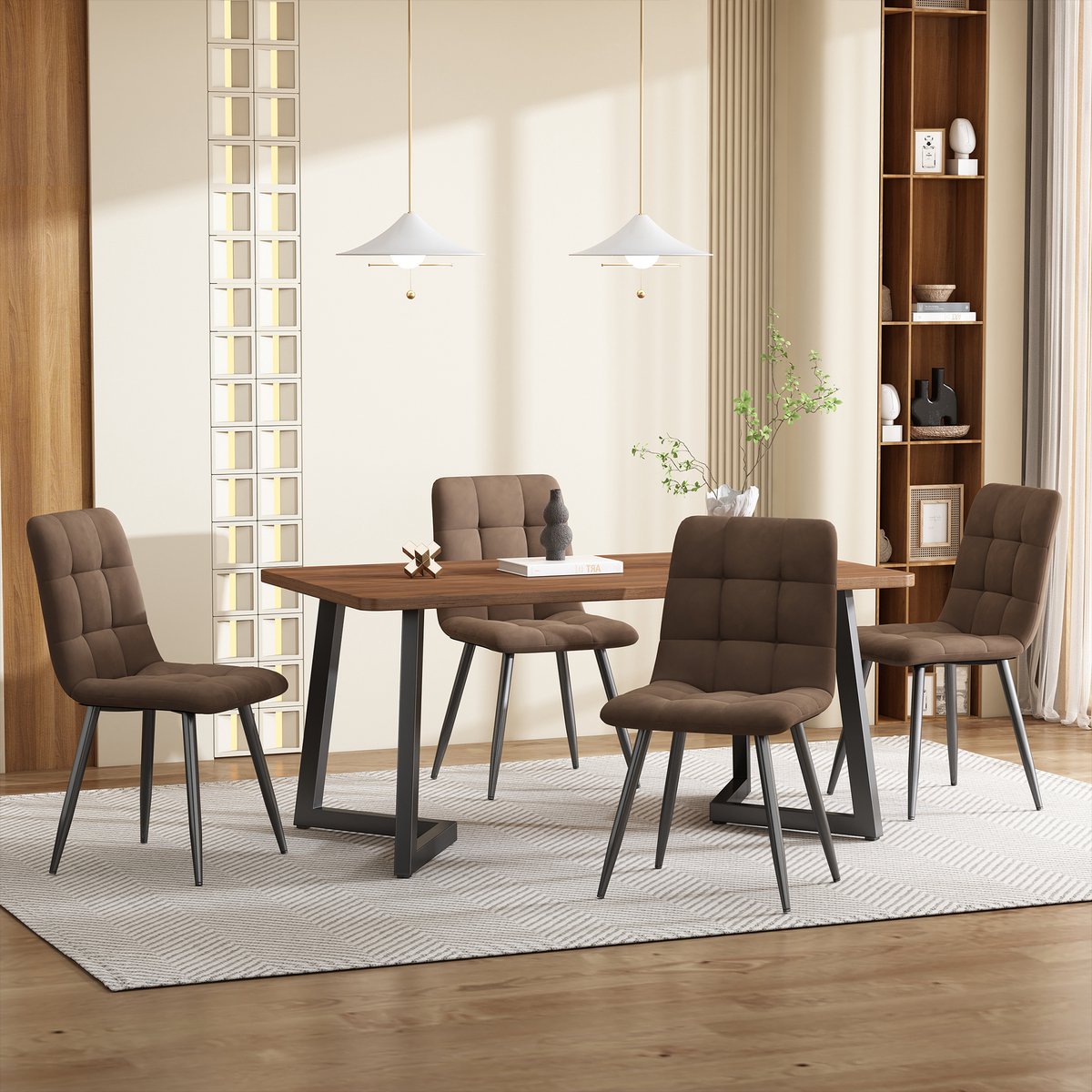 Moderne eettafelset - 5-delig - 1 eettafel en 4 stoelen - zwarte tafelpoten - notenkleurig tafelblad en bruine eetstoelen