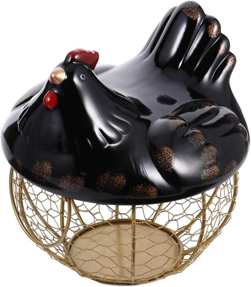 Eiermand Creatief - Kip Mand - Keuken Opbergen - Keramiek Metaal - 20x20x22cm - Zwart