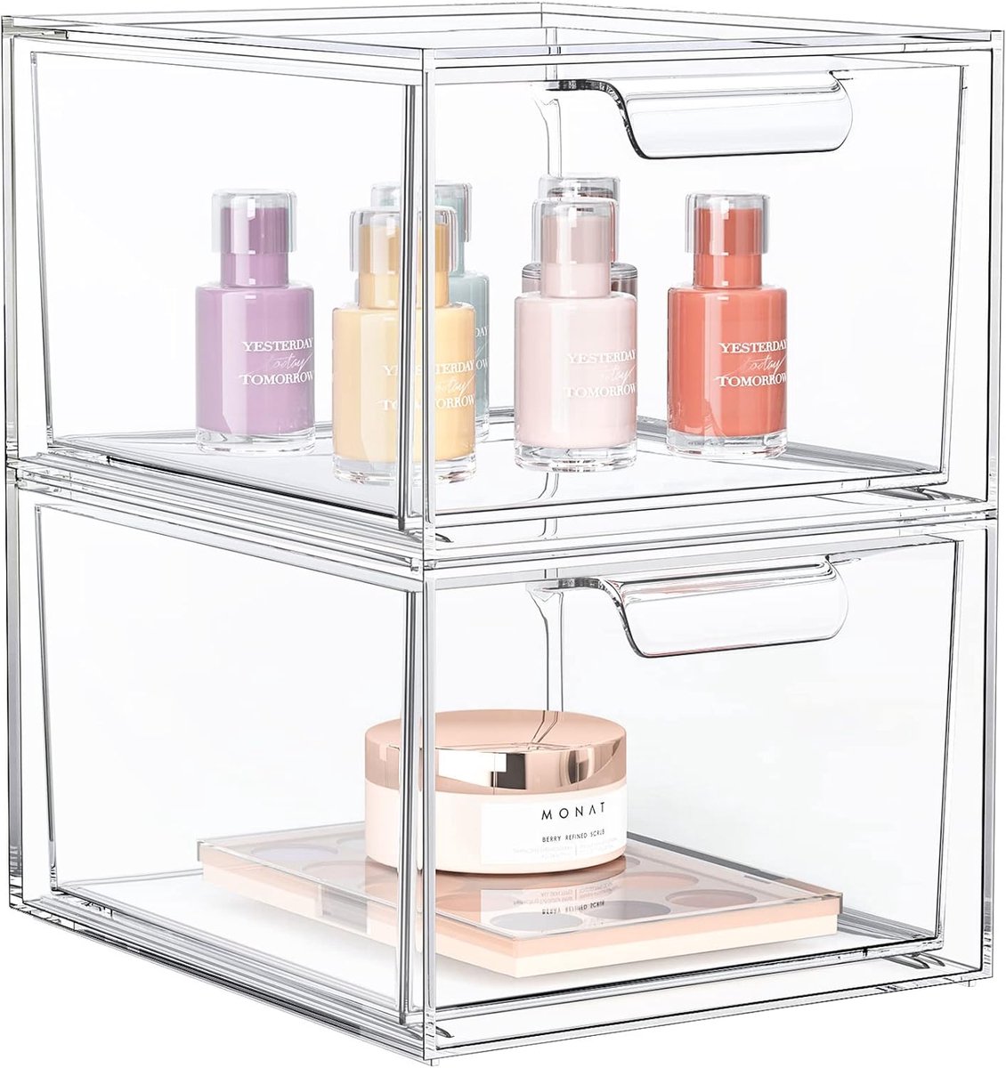 Make-up Organizer Acryl Set van 2 – Stapelbare Transparante Opbergbakken met Lade – Cosmetic Organizer & Opbergbox voor Badkamer, Bureau, Schminktafel en Keuken – Stofdicht en Ruimtebesparend