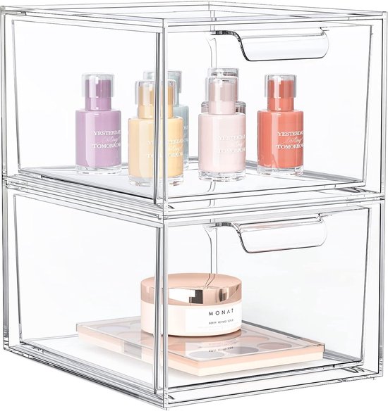 Make-up Organizer Acryl Set van 2 – Stapelbare Transparante Opbergbakken met Lade – Cosmetic Organizer & Opbergbox voor Badkamer, Bureau, Schminktafel en Keuken – Stofdicht en Ruimtebesparend