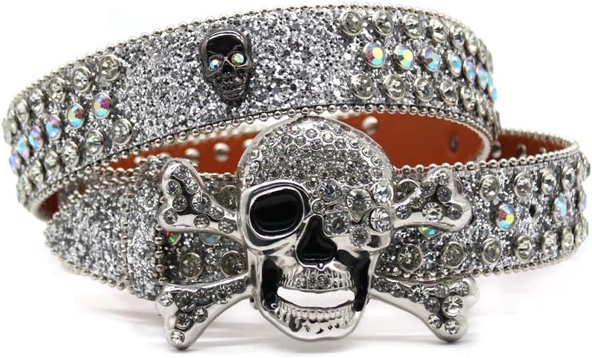 Strass Riem - Doodshoofd Riem - Outfit Completeren - Uniek Hiphop Stijl - 125 cm - Zwart