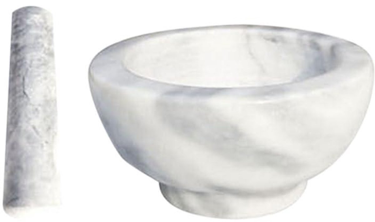 Vijzel met stamper - Kruidenmolen set - Specerijen malen - Natuurlijk marmer - 12 cm breed - Wit