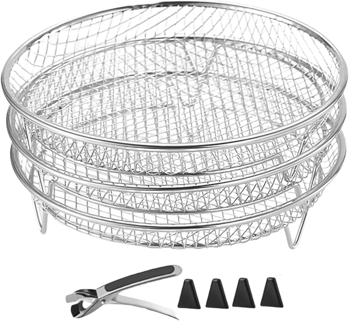 Airfryer Rek - Grillrek Uitdroger - Meer Koken - Stapelbare Drie Lagen - 21 cm Vierkant - Zilver