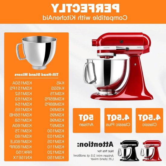 Roestvrijstalen kom voor 4.5-5 Quart keukenmachines, met handvat, geschikt voor Classic en Artisan modellen, ideaal als keukenaccessoire en voor het bereiden van gerechten — afbeelding 3