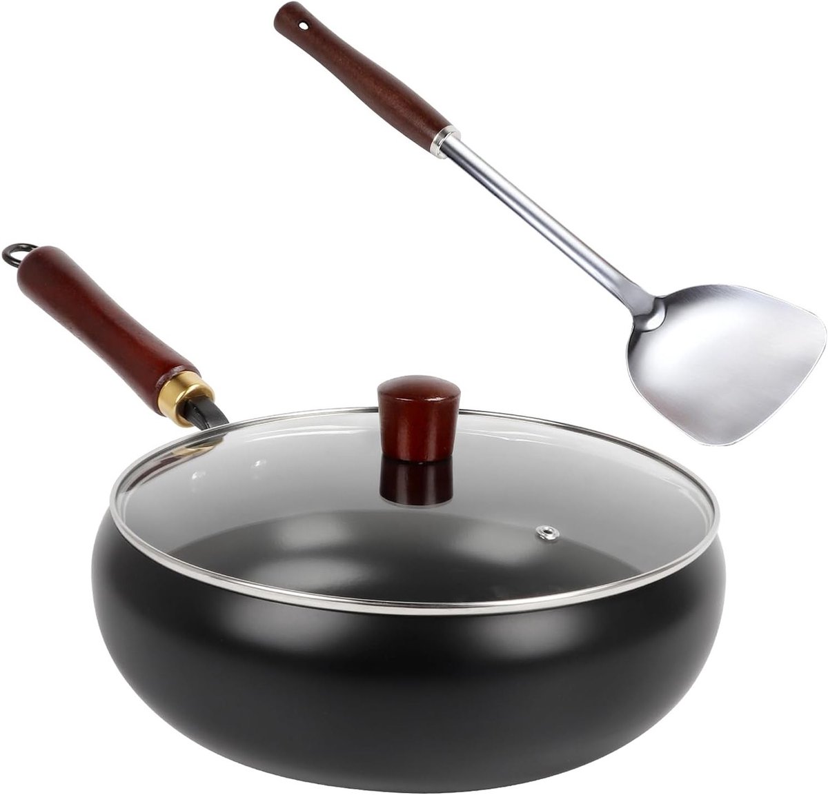 Handgeforgeerde ijzeren pan zonder coating met glazen deksel en lepel voor hoge temperatuur, bakken, stoven en koken