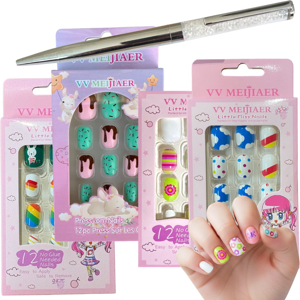 Plaknagels voor Kinderen | 4 x 12 Nepnagels | Geen Lijm Nodig | Bunny
