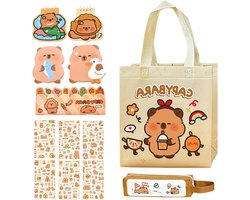 Kawaii Stationery Set met Capybara Design, Potloodetui, Notitieboek, Zelfklevende Notities, Stickers en Cadeautassen voor Kinderen en Schoolgebruik