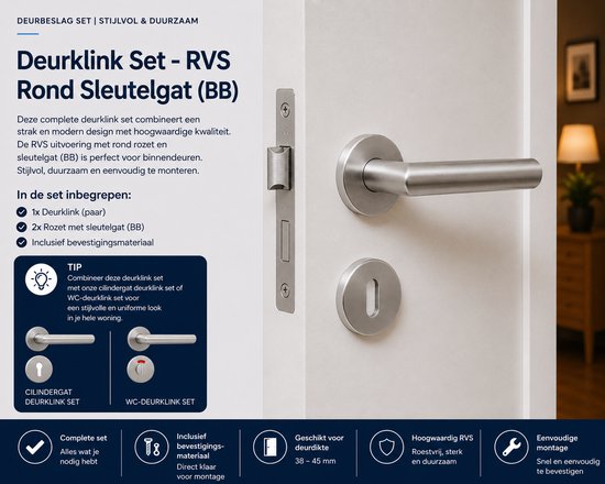 Slotman Solutions Deurklink Set RVS Geborsteld Rond Rozet BB55 | Deurbeslag met Sleutelgat | Complete Deurkrukken Set voor Binnendeuren | Inclusief Bevestigingsmateriaal