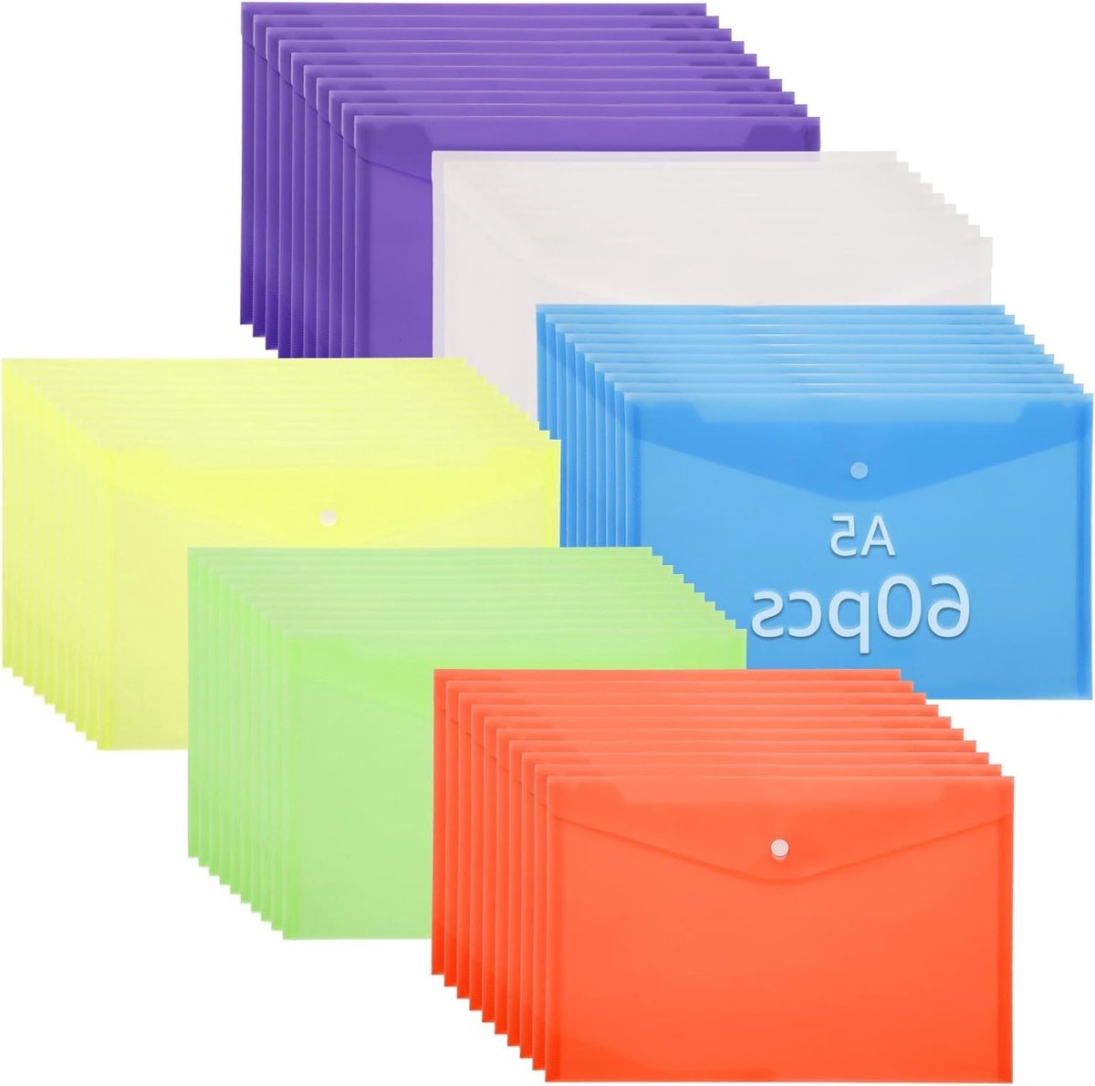 Set van 60 A5 Documentmappen met Drukknop, Ideaal voor Papier, Ontvangsten en Documenten in 6 Kleuren
