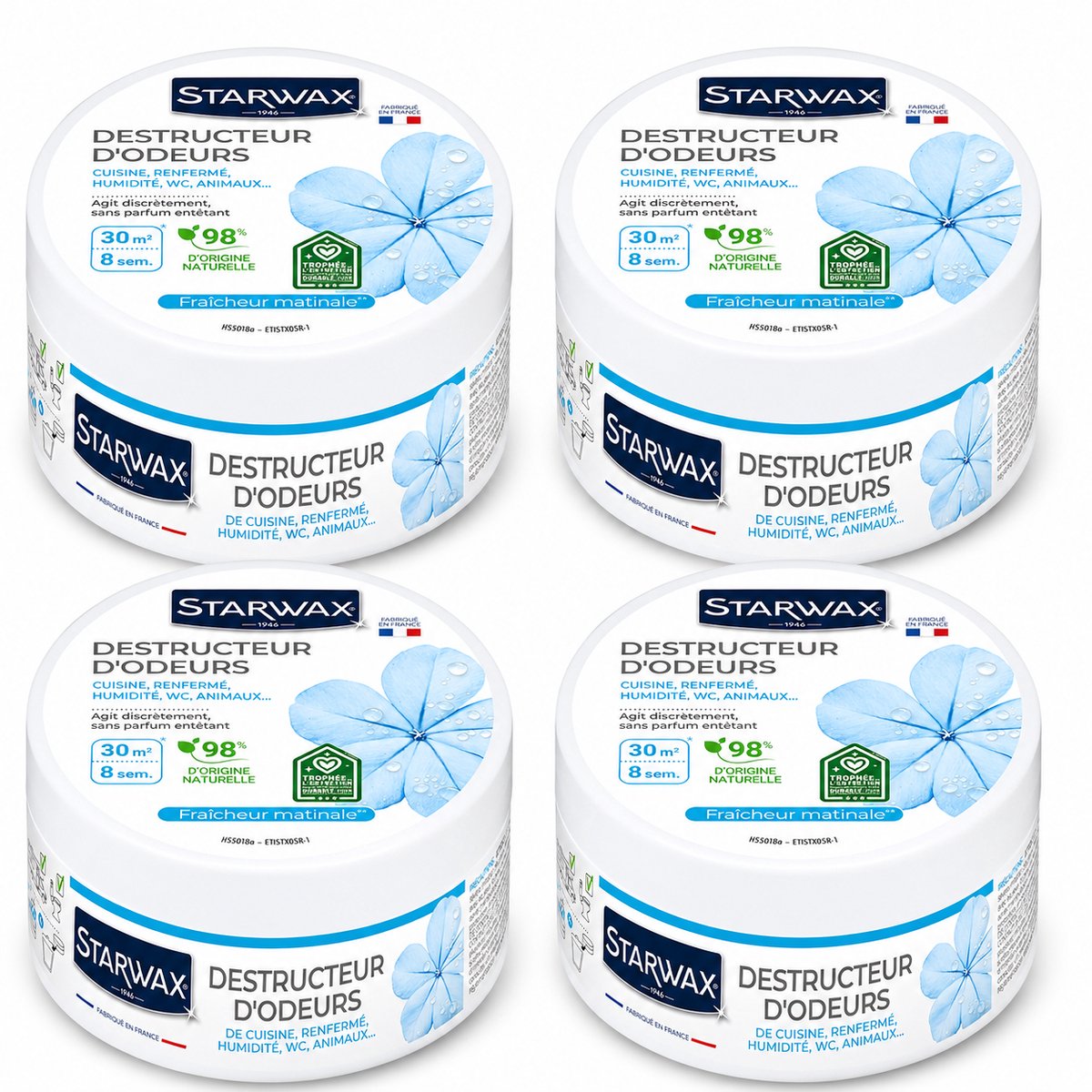 Starwax Geurverdrijver Fraîcheur Matinale 300 g - Set van 4 Stuks - Natuurlijke Luchtverfrisser Geurneutralisator - 8 Weken Werking tot 30 m² - 98% Natuurlijke Oorsprong - Made in France