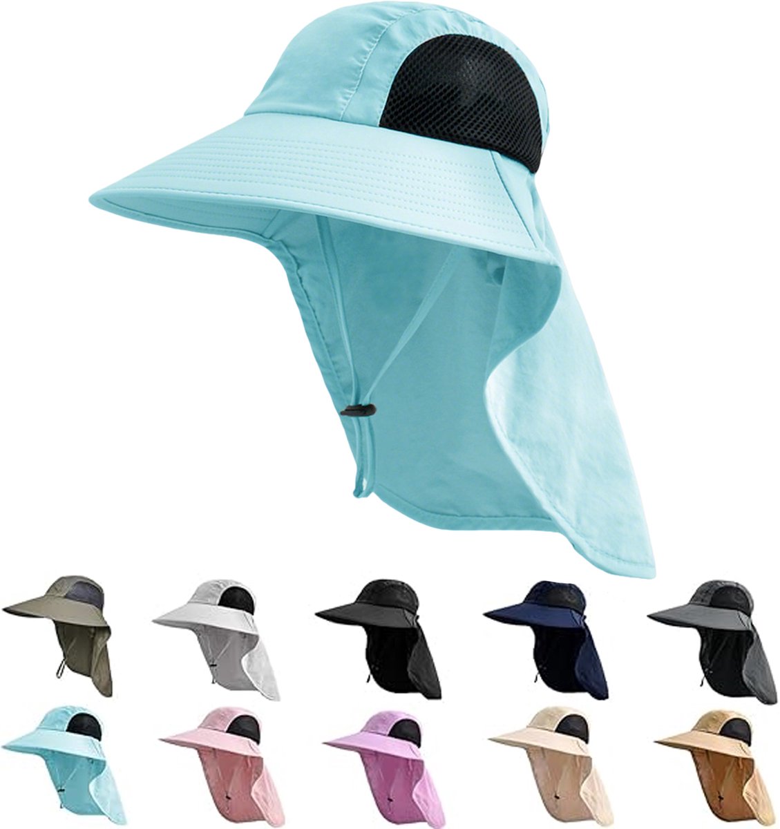 Zonhoed met Nekflap - UPF 50+ UV-bescherming - Breede Rand - voor Wandelen, Vissen - voor Dames & Heren - Meerblauw - 1 Stuk
